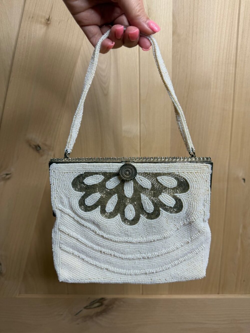 Vintage 1950s Beaded Evening Bag Ivory Pearl Japan Clutch Purse Floral Metal Fra